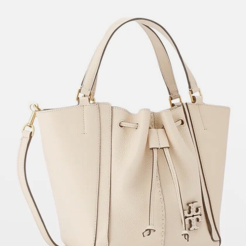 Tory Burch McGraw Dragonfly Drawstring Shoulder Brie Calf Leather Bag - Picture 2 of 7